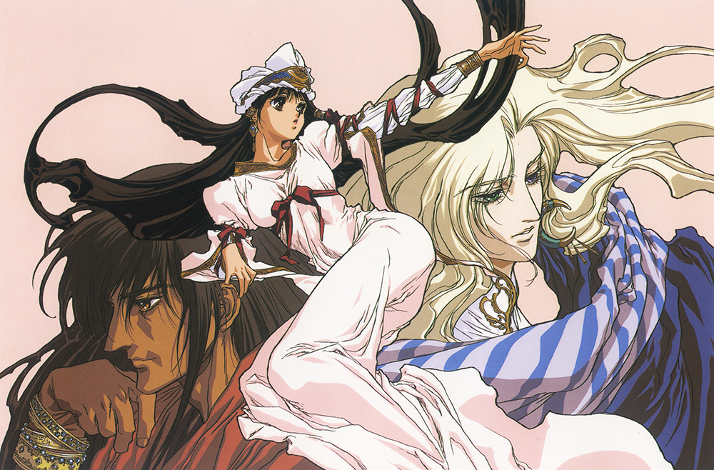 1girl, 2boys, 90s, blonde_hair, blue_eyes, boice, bracelet, brown_eyes, brown_hair, dark_skin, dress, earrings, floating_hair, green_eyes, hand_on_own_chin, headdress, heterochromia, jewelry, kaze_no_tairiku, long_hair, long_sleeves, lying, multiple_boys, official_art, on_stomach, outstretched_arm, parted_lips, pink_background, simple_background, tieh, twisted_torso, yuuki_nobuteru
