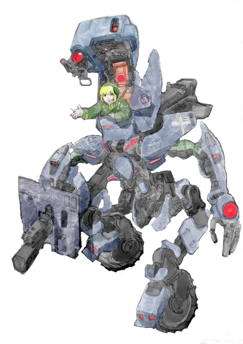 artist_request, blonde_hair, blue_eyes, camouflage, looking_at_viewer, mecha, mortar_(weapon), open_cockpit