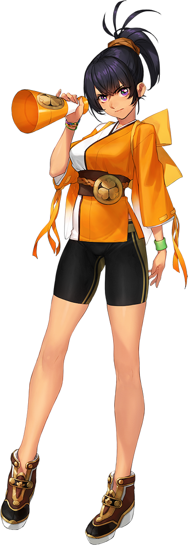 1girl, artist_request, bike_shorts, black_hair, breasts, brown_shoes, full_body, hamamatsu_(oshiro_project), holding, large_breasts, long_hair, looking_at_viewer, official_art, oshiro_project, oshiro_project_re, ponytail, shoes, transparent_background, violet_eyes, wristband