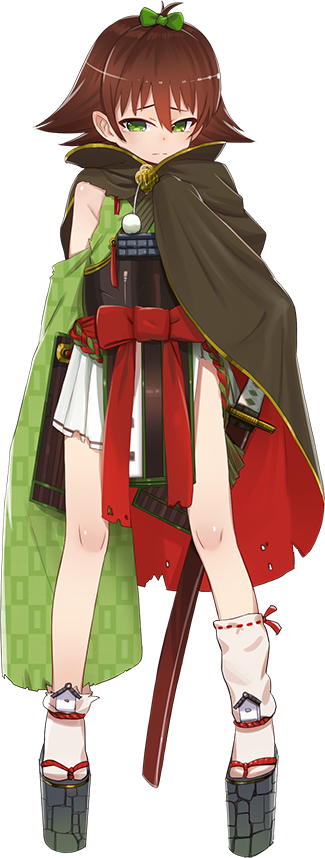 1girl, ahoge, armor, brown_hair, cape, capelet, flipped_hair, full_body