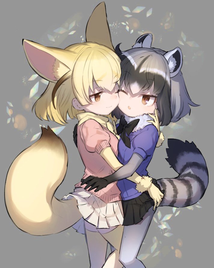 10s, 2girls, ;), ;o, animal_ears, breast_press, breasts, cheek-to-cheek, commentary_request, common_raccoon_(kemono_friends), fennec_(kemono_friends), fox_ears, fox_tail, gojou_shinra, half-closed_eyes, hug, kemono_friends, looking_at_another, multiple_girls, one_eye_closed, raccoon_ears, raccoon_tail, skirt, skirt_lift, smile, symmetrical_docking, tail, thigh-highs, yuri, zettai_ryouiki