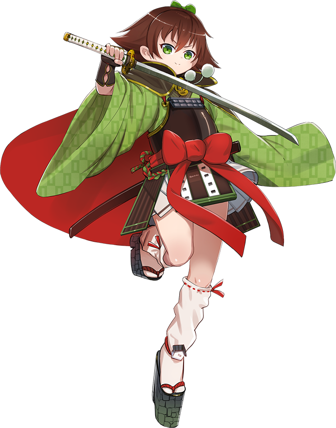 1girl, ahoge, armor, brown_hair, capelet, flipped_hair, full_body, green_eyes