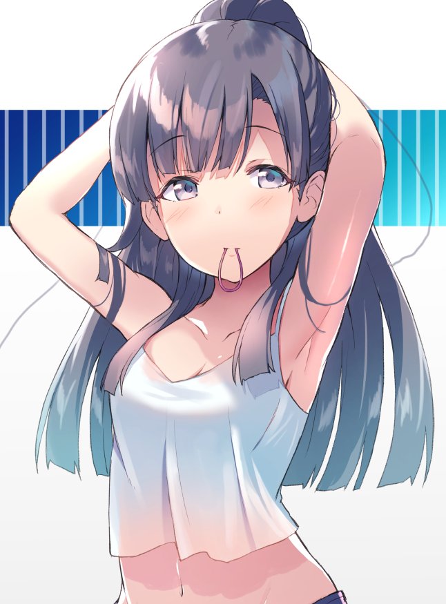 1girl, armpits, arms_up, bangs, black_hair, blush, breasts, brown_eyes