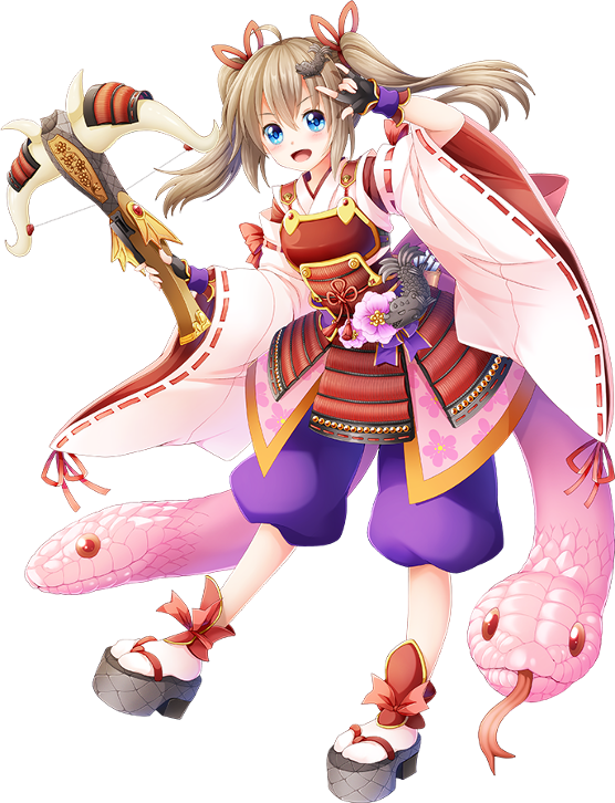 1girl, :d, ahoge, armor, blue_eyes, bowgun, brown_hair, fingerless_gloves, full_body, gloves, hair_ornament, hair_ribbon, holding, holding_weapon, japanese_clothes, kanna_(chaos966), looking_at_viewer, official_art, oka_(oshiro_project), open_mouth, oshiro_project, oshiro_project_re, red_ribbon, ribbon, smile, snake, transparent_background, twintails, weapon, white_snake