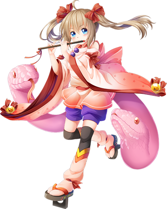 1girl, ahoge, black_legwear, blue_eyes, brown_hair, detached_sleeves, flute, full_body