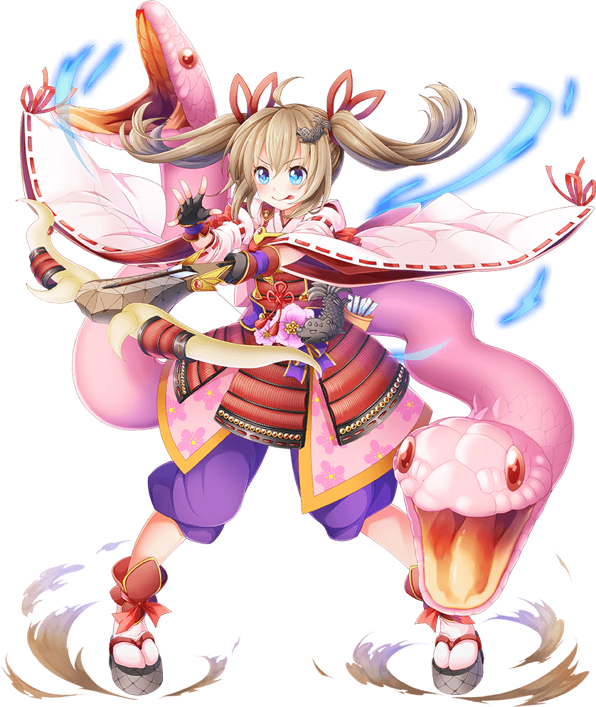 1girl, ahoge, armor, blue_eyes, bowgun, brown_hair, fingerless_gloves, full_body
