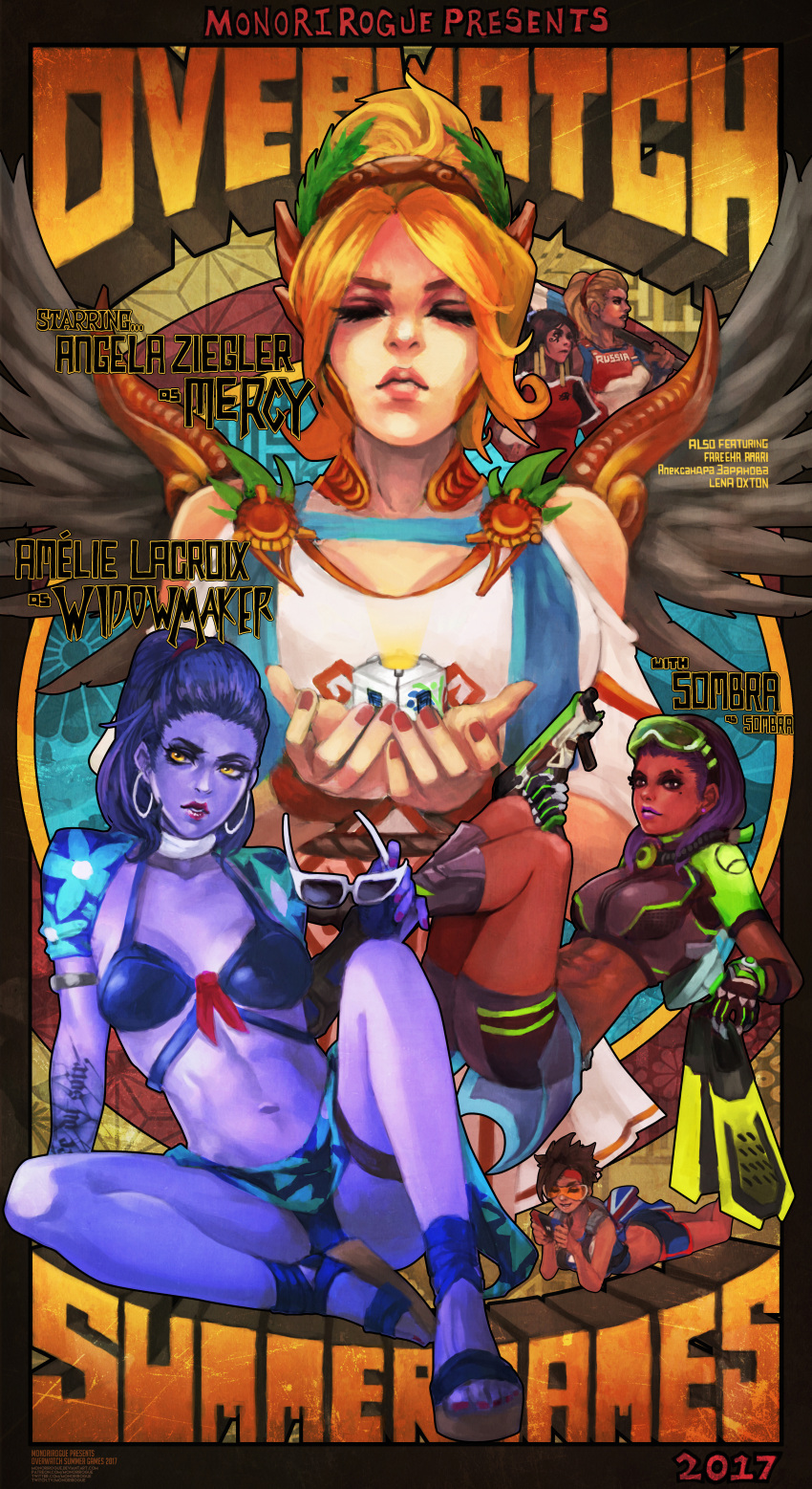 6+girls, abs, absurdres, ass, bike_shorts, breasts, champion_zarya, character_name