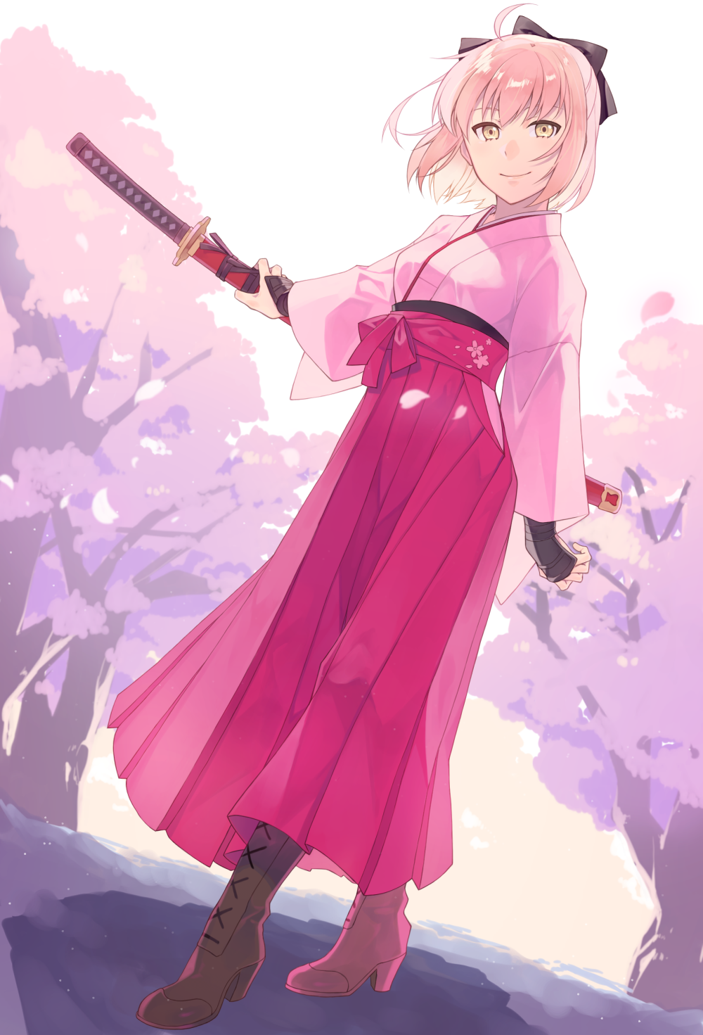 boots, cherry_blossoms, commentary, cross-laced_footwear, fate/grand_order, fate_(series), high_heel_boots, high_heels