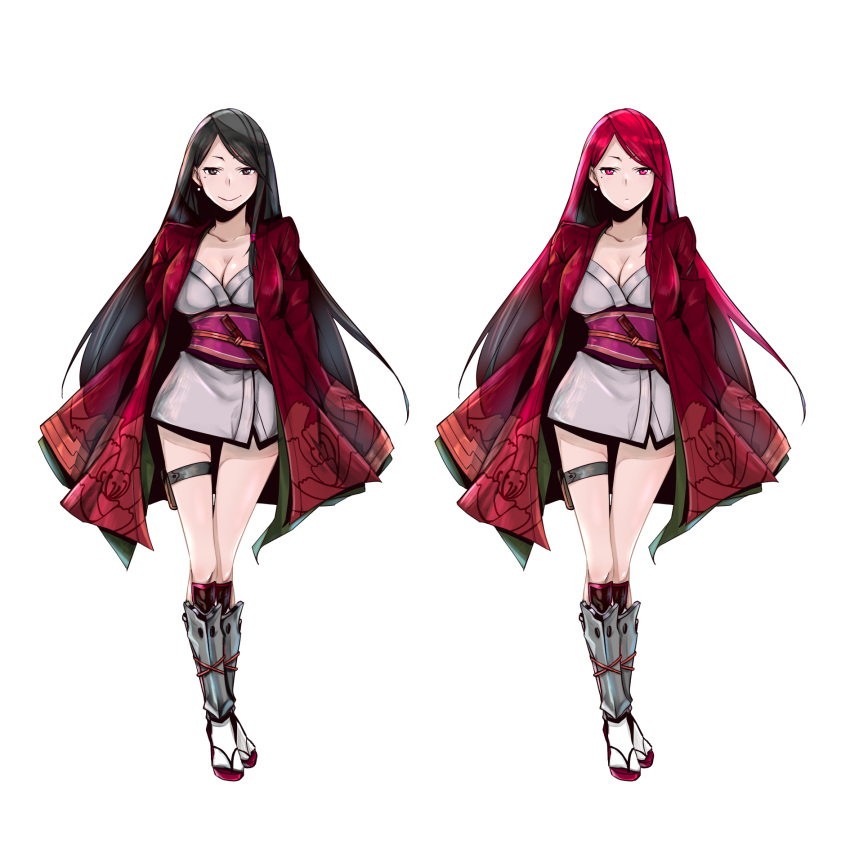1girl, black_eyes, black_hair, blade, breasts, character_sheet, cleavage, coat