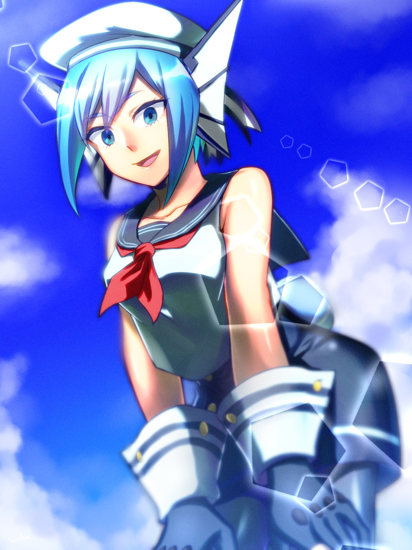 1girl, agehacat, bare_shoulders, blue_eyes, blue_hair, boku_no_hero_academia, day, gills