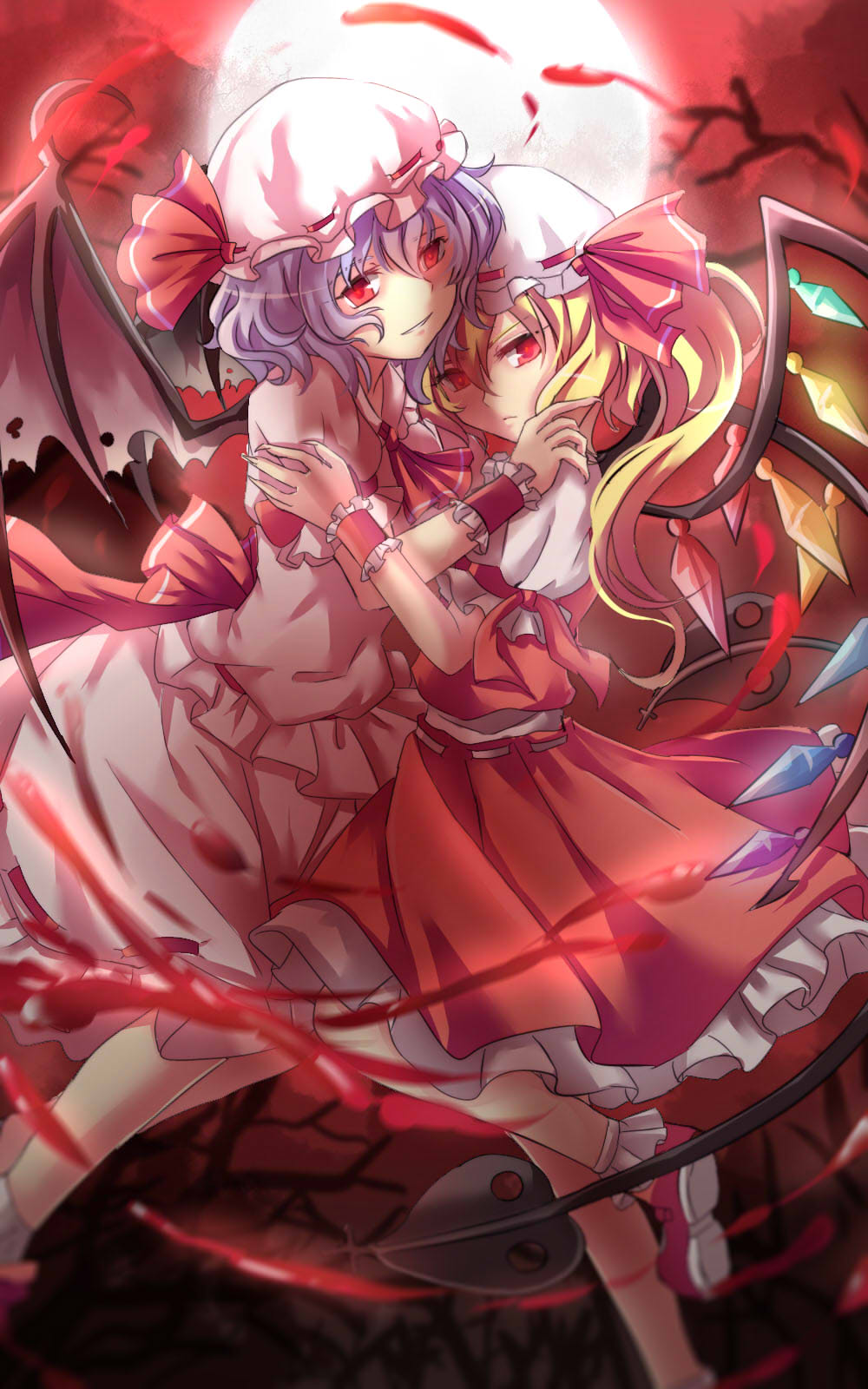 2girls, backlighting, bat_wings, blonde_hair, bobby_socks, closed_mouth, crystal, flandre_scarlet
