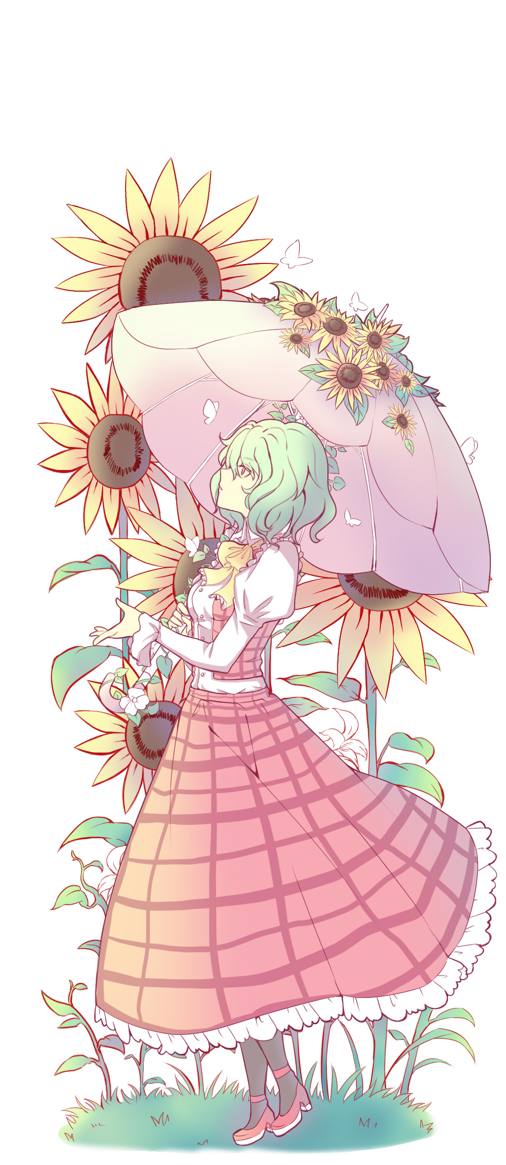 1girl, ascot, breasts, butterfly, dress_shirt, flower, frills, from_side