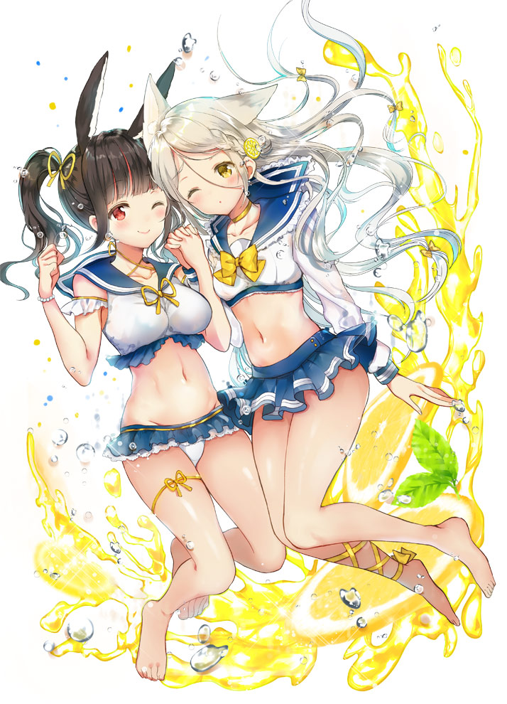 2girls, :o, ;), animal_ears, ankle_lace-up, ankle_ribbon, arm_at_side, arm_garter
