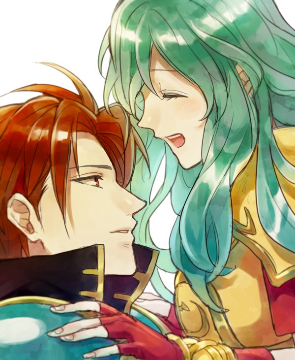 1boy, 1girl, akke, aqua_hair, armor, blue_hair, cape, couple