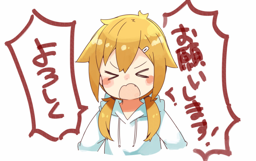 >_<, absurdres, alternate_costume, blonde_hair, blush, fang, hair_ornament, hairclip