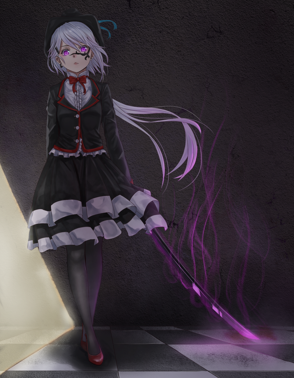 1girl, artist_request, aura, bangs, black_hat, black_jacket, black_legwear, black_skirt