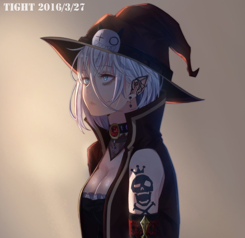 1girl, amethyst, aqua_eyes, artist_name, bangs, breasts, brown_background, brown_hat
