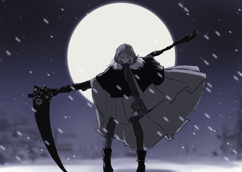1girl, ankle_boots, benbe, boots, cloak, fur_collar, gray_(lord_el-melloi_ii), green_eyes