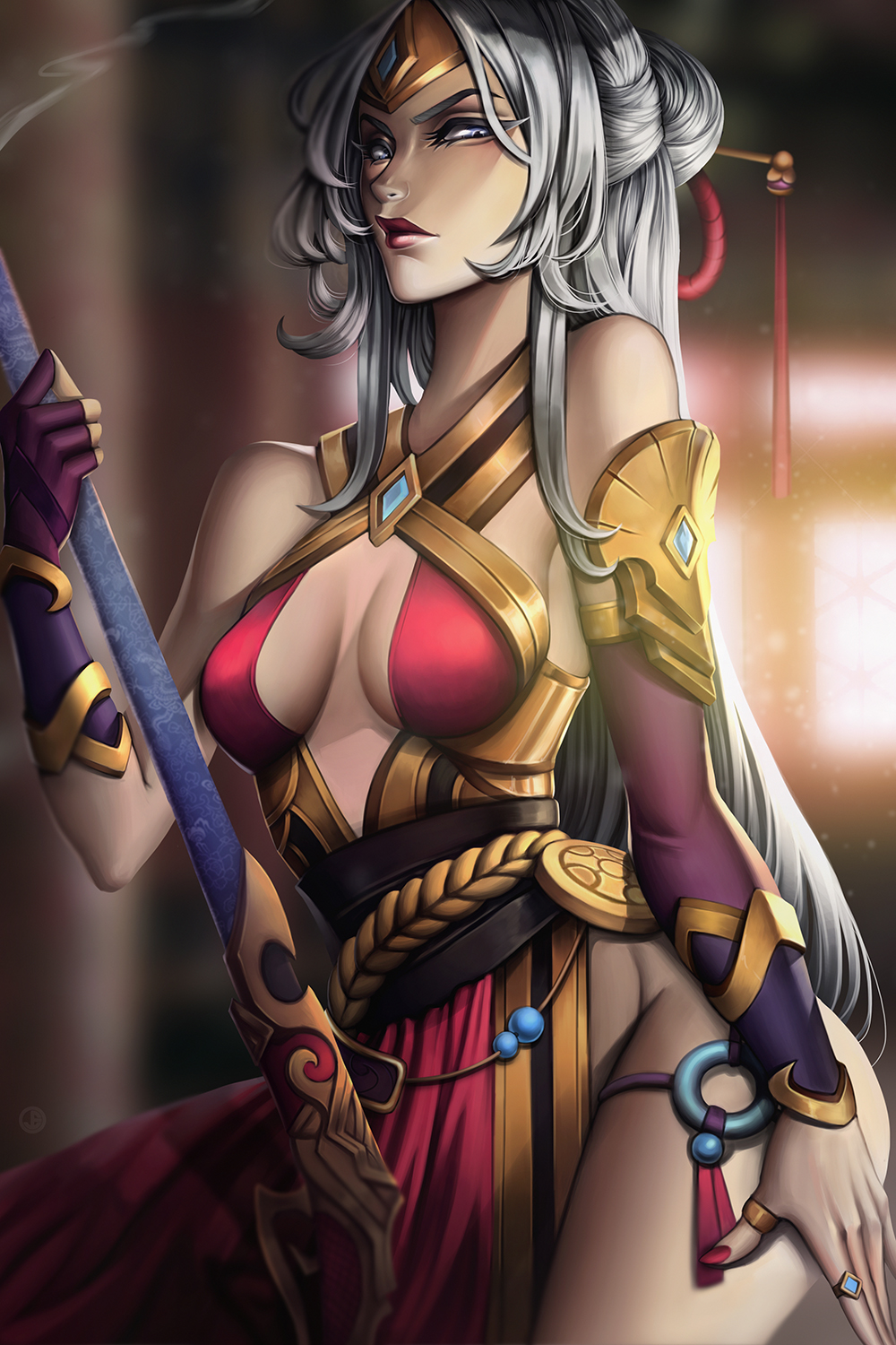 1girl, bare_shoulders, blue_eyes, center_opening, fingerless_gloves, gem, gloves, gun