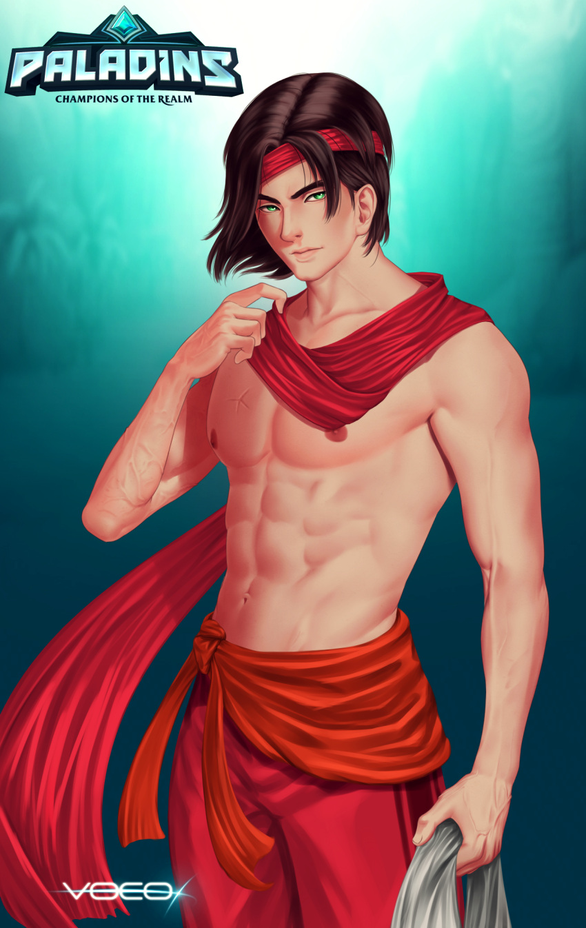 1boy, abs, artist_name, bare_shoulders, brown_hair, copyright_name, green_eyes, headband