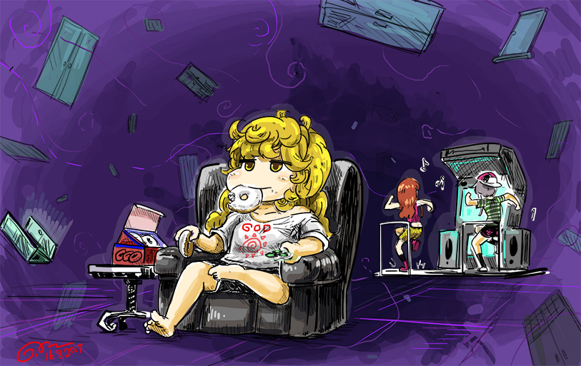 3girls, alternate_costume, arcade_cabinet, blonde_hair, couch, dancing, dated, doughnut