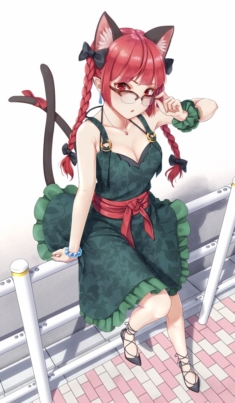 1girl, adapted_costume, adjusting_glasses, animal_ears, bangle, bare_arms, bespectacled, black_bow