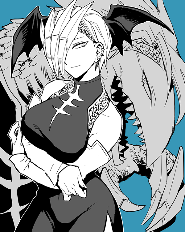 1girl, abaraya, bare_shoulders, bat_wings, blue_background, boku_no_hero_academia, chinese_clothes, dragon