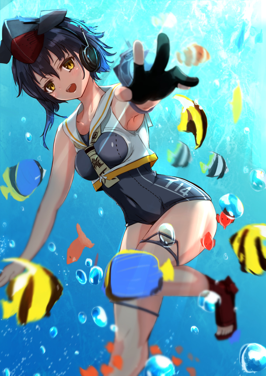 10s, 1girl, :d, asymmetrical_hair, black_gloves, black_hair, fish, gloves