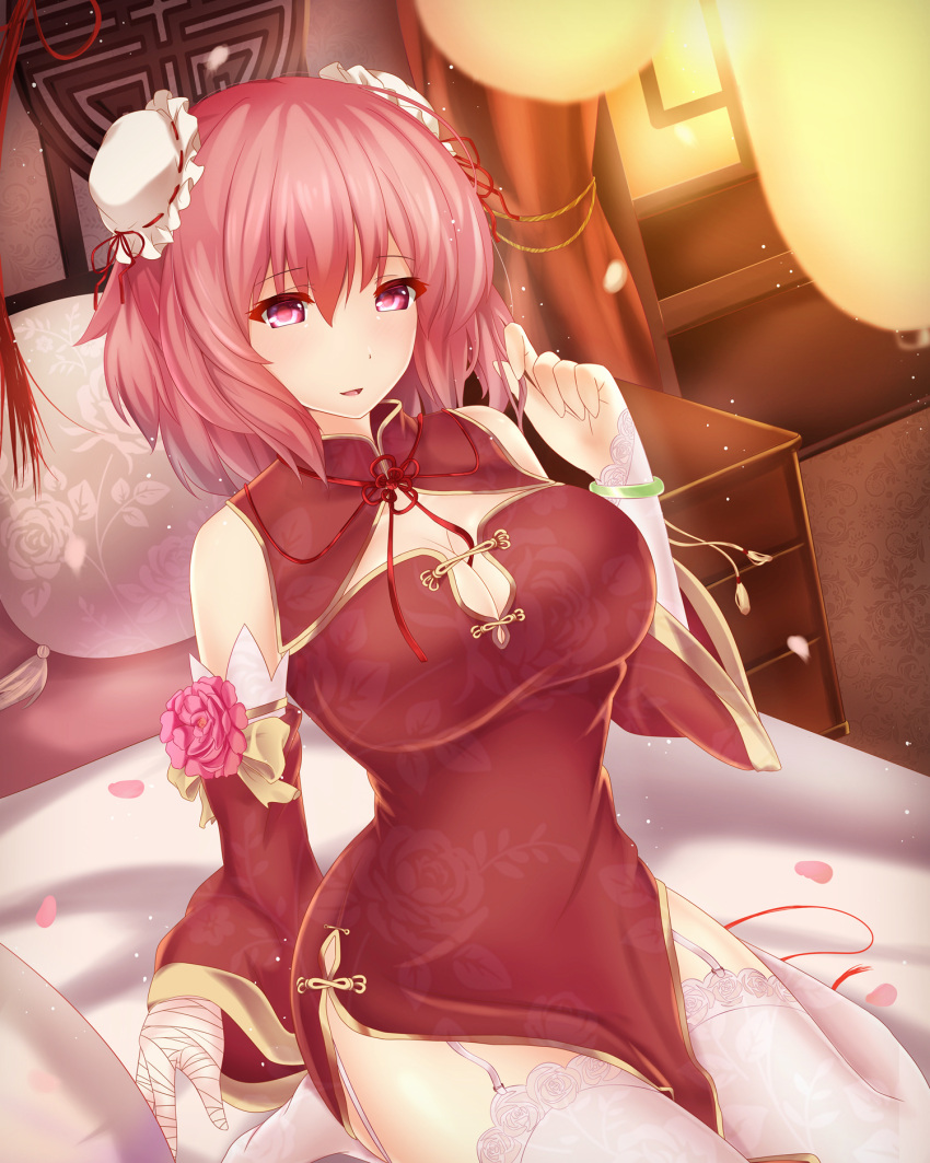 1girl, bandage, bandaged_arm, bangs, breasts, bun_cover, china_dress, chinese_clothes, cleavage, double_bun, dress, elbow_gloves, floral_print, flower, garter_straps, gloves, highres, ibaraki_kasen, indoors, large_breasts, light_smile, looking_at_viewer, on_bed, oxfirecar, petals, pink_eyes, pink_hair, pink_rose, rose, seiza, sitting, solo, thigh-highs, touhou, white_gloves, white_legwear