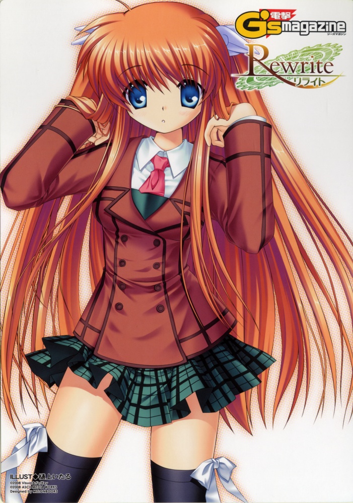 black_thighhighs, blazer, blue_eyes, hinoue_itaru, long_hair, na-ga, ohtori_chihaya, ootori_chihaya, orange_hair, plaid, plaid_skirt, rewrite, school_uniform, skirt, thigh-highs, thighhighs, zettai_ryouiki