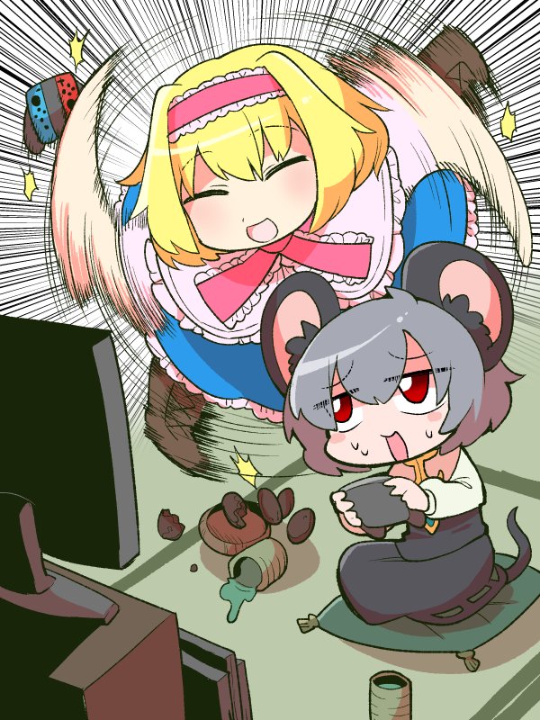 2girls, :d, alice_margatroid, animal_ears, blonde_hair, blush, boots, cross-laced_footwear