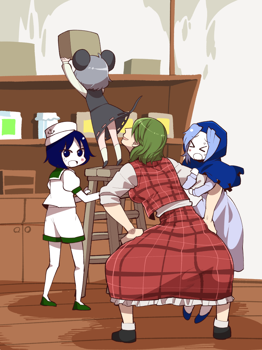 >_<, 4girls, animal_ears, blue_eyes, blue_hair, box, frilled_skirt, frills, green_hair, grey_hair, hat, hood, kazami_yuuka, kumoi_ichirin, ladder, mouse_ears, mouse_tail, multiple_girls, murasa_minamitsu, nazrin, pervert, plaid, plaid_skirt, plaid_vest, sailor_hat, shelf, shorts, skirt, squatting, sweatdrop, syowahoka, tail, touhou, vest, wooden_floor