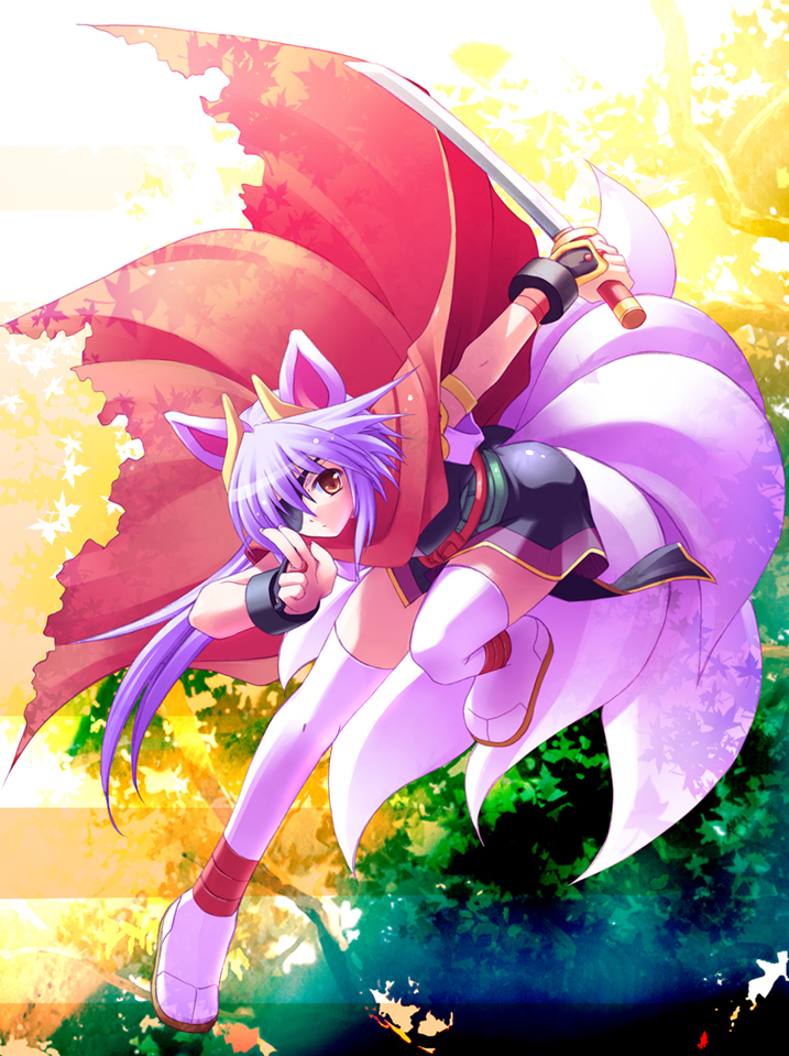 1girl, animal_ears, bangs, cape, eyepatch, fox_ears, fox_tail, full_body