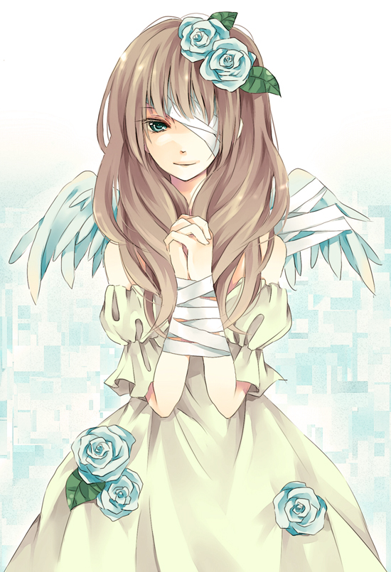 angel_wings, bad_id, bandage, bandage_over_one_eye, bandages, blue_eyes, brown_hair, dress