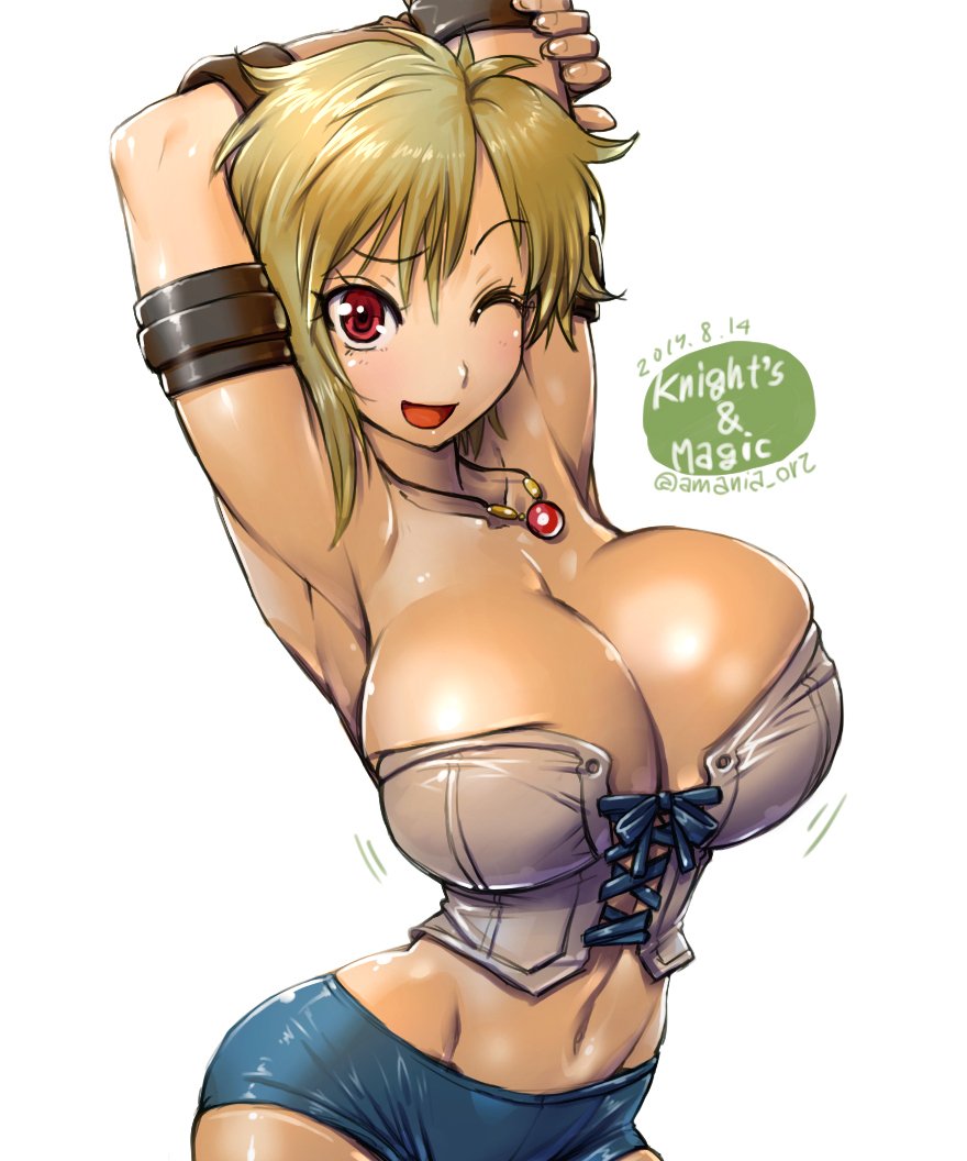 1girl, amania_orz, armband, armpits, arms_up, blonde_hair, breasts, cleavage, dated, helvi_oberg, hips, jewelry, knight's_and_magic, large_breasts, necklace, one_eye_closed, raised_eyebrow, short_hair, short_shorts, shorts, simple_background, smile, solo, thighs, twitter_username, white_background
