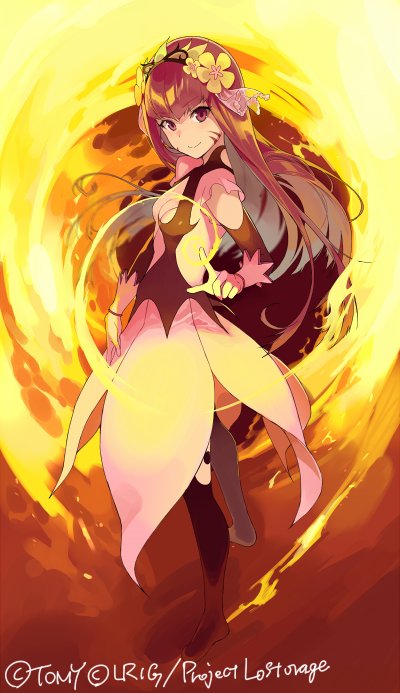 1girl, company_name, facial_mark, fire, flower, gloves, hair_flower, hair_ornament