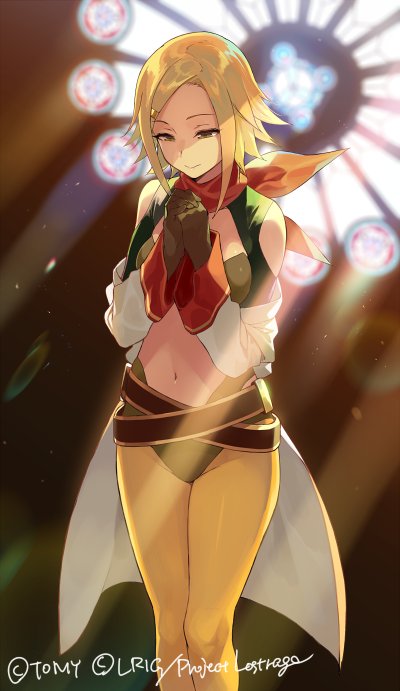 1girl, bandanna, blonde_hair, company_name, dona_(wixoss), gloves, hair_ornament, hairclip, jpeg_artifacts, lostorage_wixoss, navel, own_hands_together, pantyhose, praying, sasamori_tomoe, short_hair, solo, stained_glass, standing, wixoss, yellow_legwear