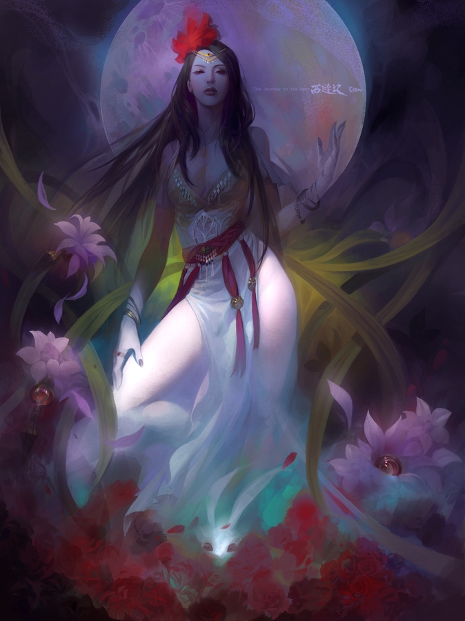 1girl, bangle, black_hair, bracelet, breasts, chang'e, circlet, cleavage, copyright_name, dress, fengweic12, full_moon, hair_ornament, hand_on_own_leg, jewelry, journey_to_the_west, long_hair, looking_at_viewer, moon, nail, night, pale_skin, ring, solo, standing, white_dress