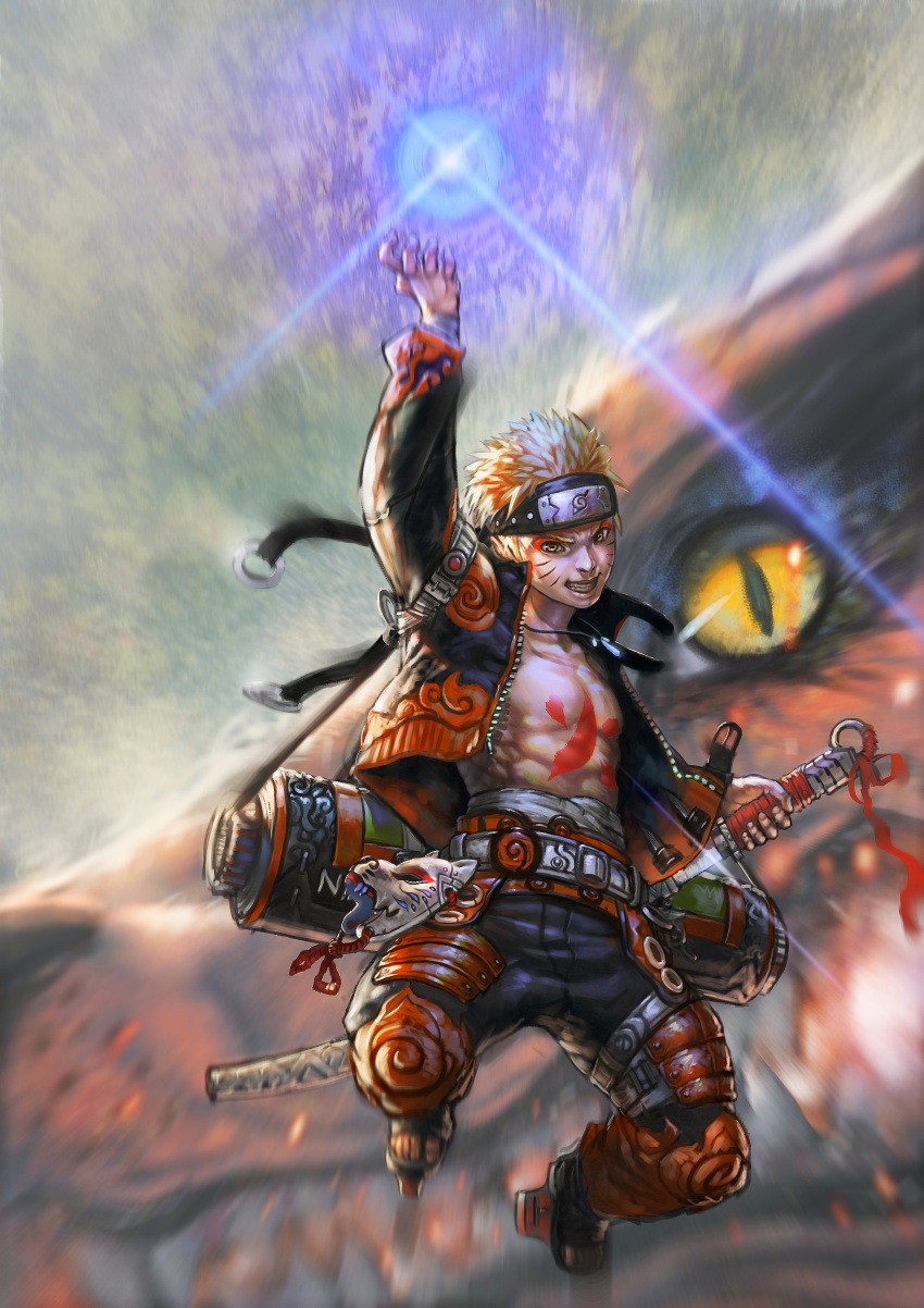 1boy, absurdres, arm_up, armor, belt, blonde_hair, boots, clenched_teeth