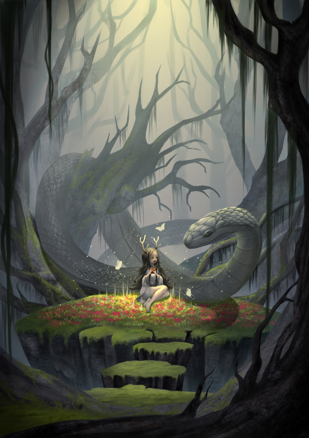 1girl, :d, animal, antlers, artist_request, bare_legs, barefoot, butterfly
