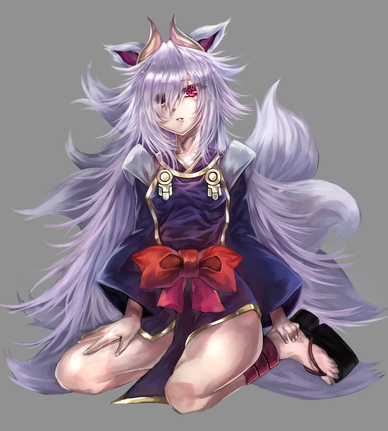 1girl, animal_ears, clog_sandals, dannrei3636, eyepatch, fox_ears, fox_tail, full_body
