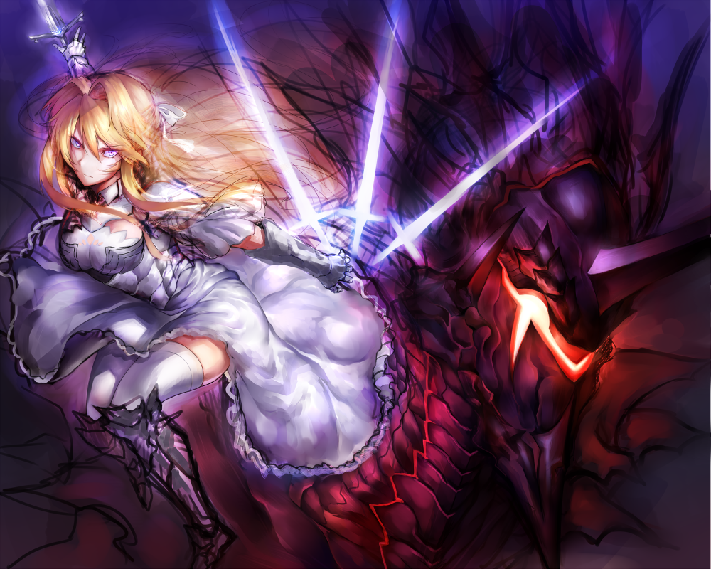 >:|, 1girl, armor, armored_dress, blonde_hair, breasts, closed_mouth, dannrei3636