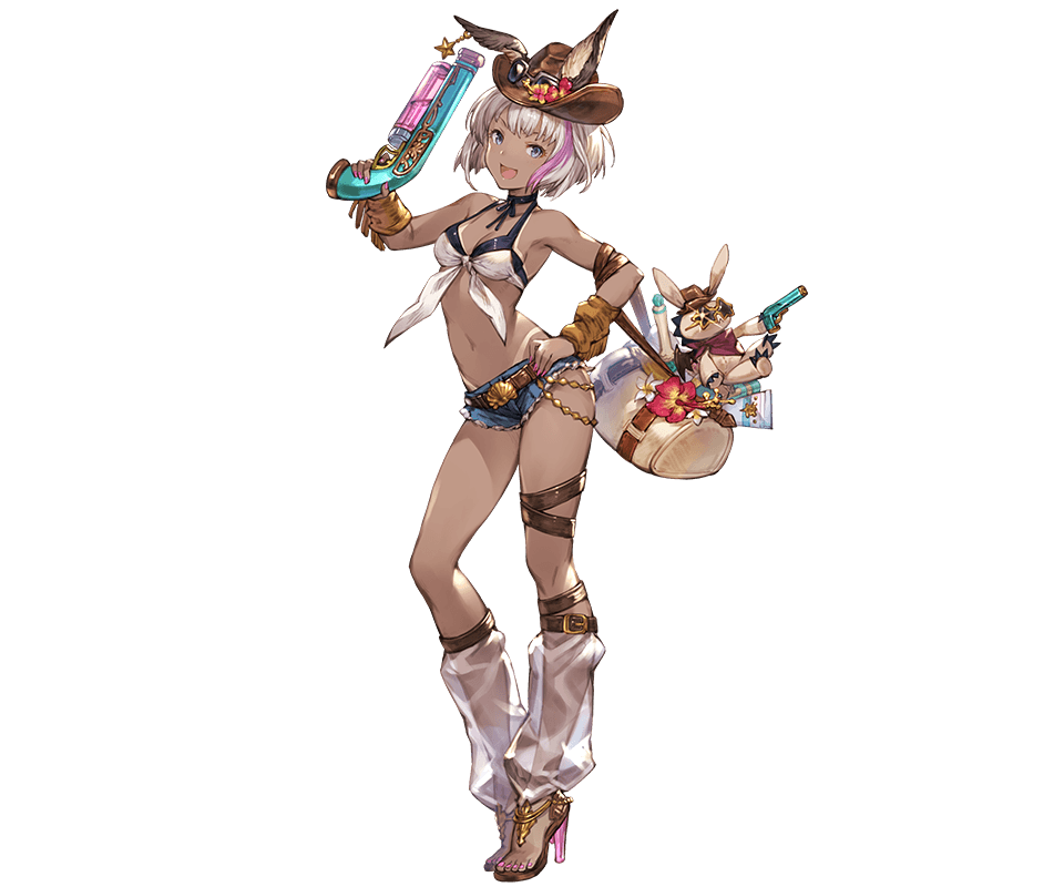 1girl, alternate_costume, animal_ears, backpack, bag, bikini_top, chains, chloe_(granblue_fantasy)