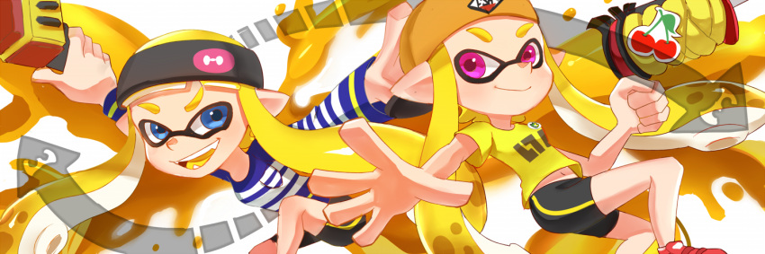 2girls, action, backwards_hat, bangs, baseball_cap, bike_shorts, black_headband, black_shorts, blonde_hair, blue_eyes, blue_shirt, blunt_bangs, closed_mouth, domino_mask, echolocator_(splatoon), fangs, foreshortening, h-3_nozzlenose_(splatoon), hat, headband, holding, holding_weapon, inkling, logo, long_hair, long_sleeves, looking_at_viewer, mask, multiple_girls, open_mouth, orange_hat, paint_splatter, pointy_ears, pose, rapid_blaster_(splatoon), red_shoes, riko_(sorube), shirt, shoes, short_sleeves, shorts, single_vertical_stripe, smile, sneakers, splatoon, squatting, standing, striped, striped_shirt, t-shirt, tentacle_hair, violet_eyes, weapon, yellow_shirt