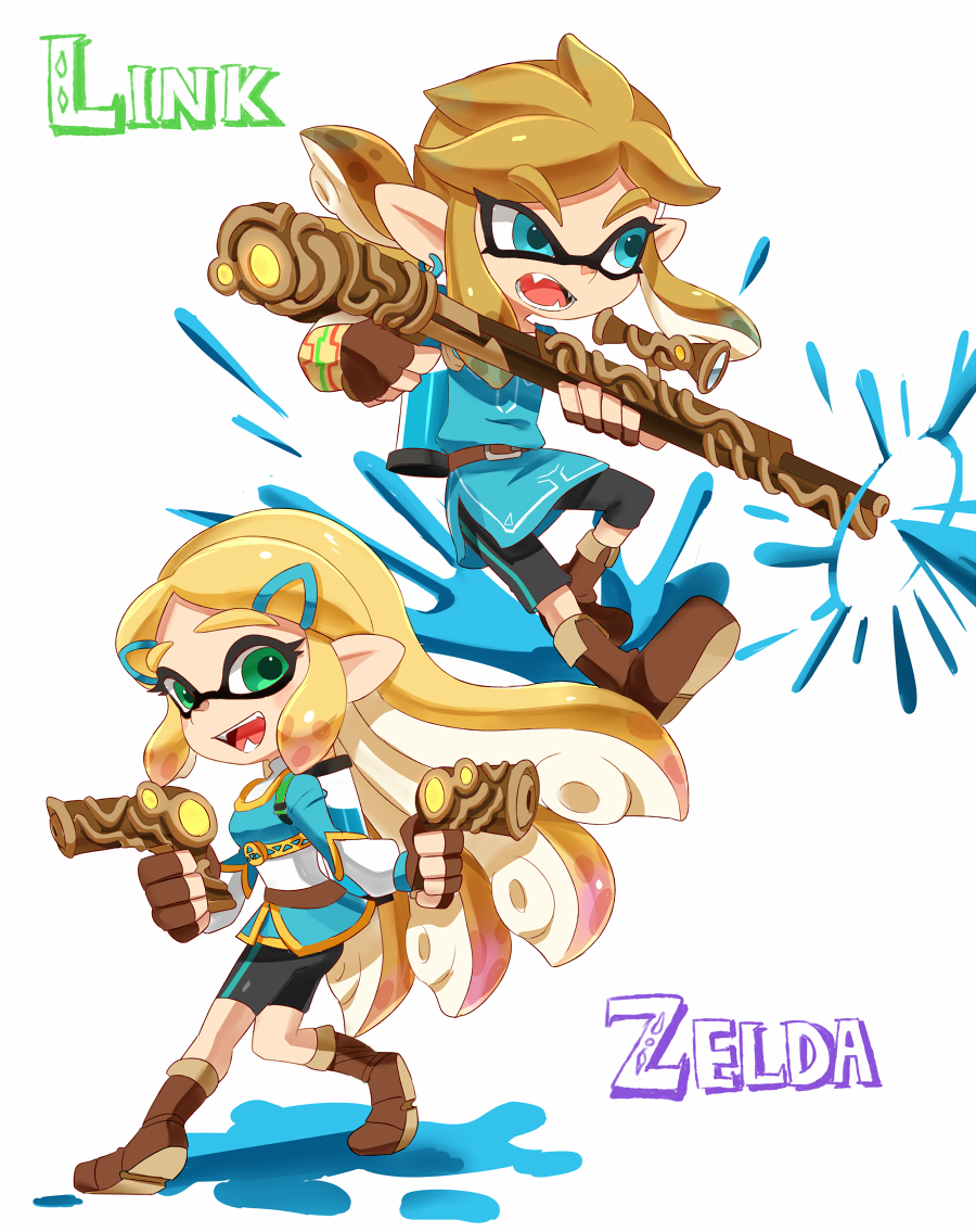 1boy, 1girl, action, alternate_weapon, bike_shorts, black_shorts, blonde_hair, blue_eyes