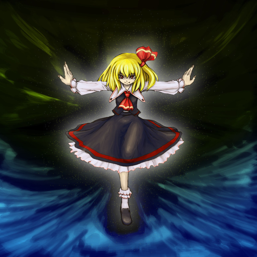 cuphea, hair_ribbon, highres, outstretched_arms, red_eyes, ribbon, rumia, short_hair
