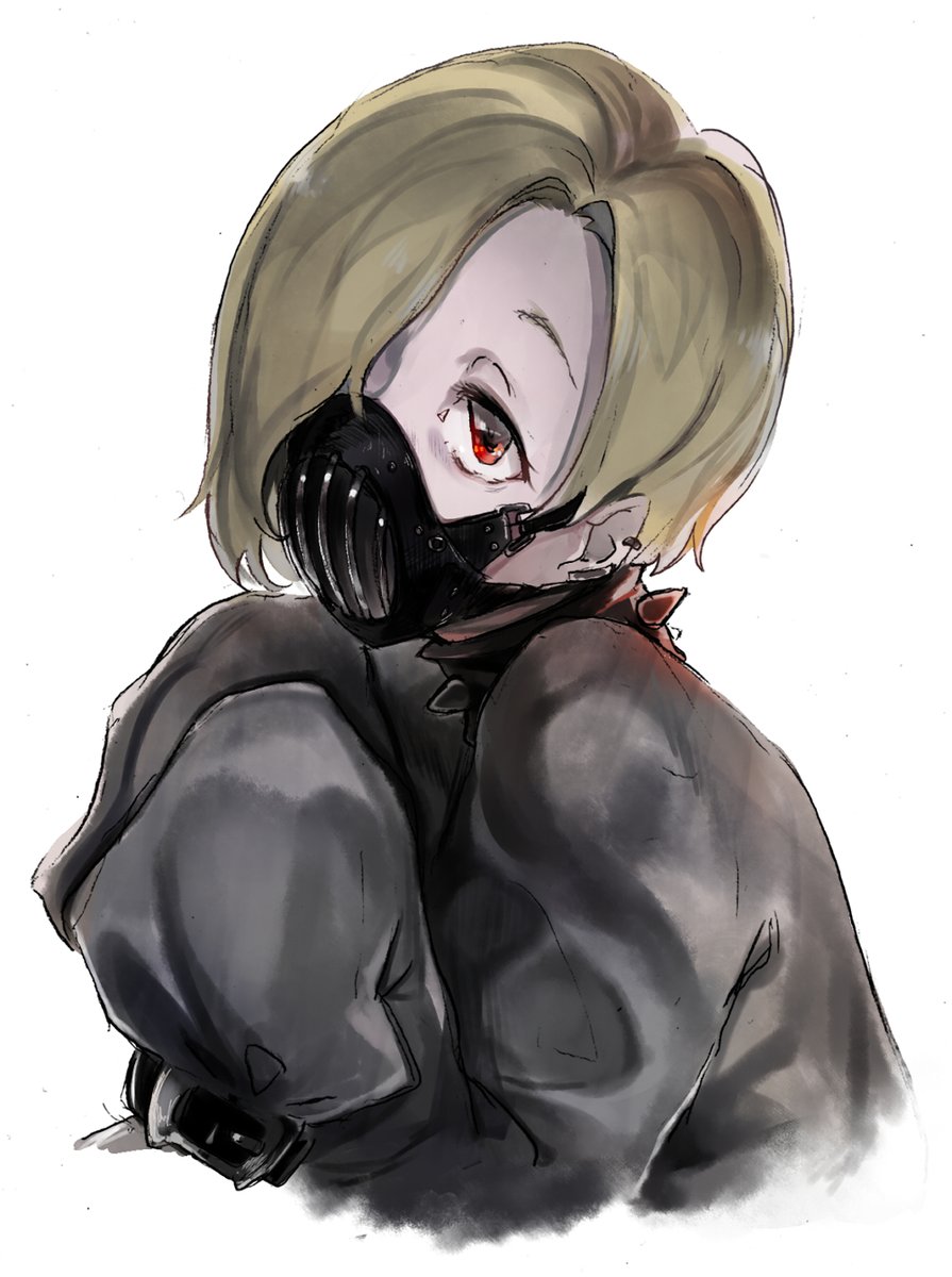 10s, 1girl, belt_bracelet, blonde_hair, code-aa, collar, ear_piercing, hair_over_one_eye, highres, idolmaster, idolmaster_cinderella_girls, looking_at_viewer, mask, piercing, red_eyes, shirasaka_koume, short_hair, sleeves_past_wrists, solo, spiked_collar, spikes, upper_body, white_background