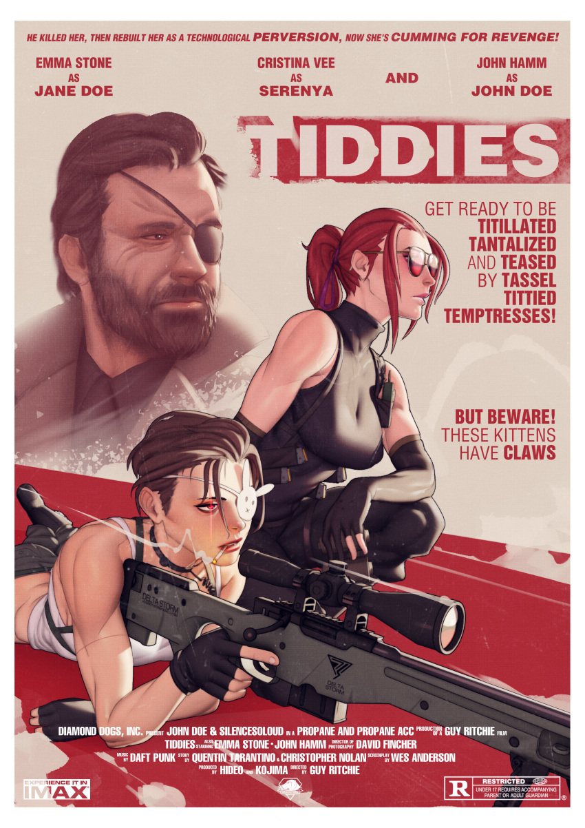 1boy, 2girls, absurdres, artist_self-insert, beard, black_gloves, borrowed_character, breasts