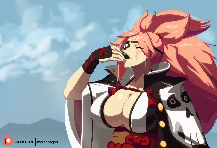 1girl, alcohol, amputee, baiken, breasts, cel_shading, cleavage, closed_eyes