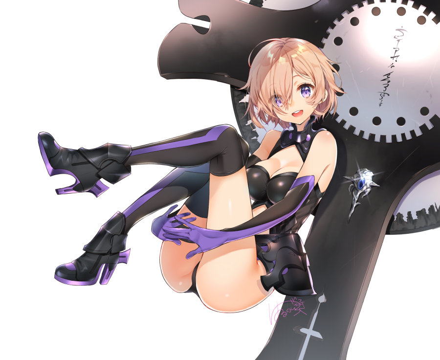 1girl, :d, alternate_hair_color, armor, armored_dress, ass, bangs, bare_shoulders